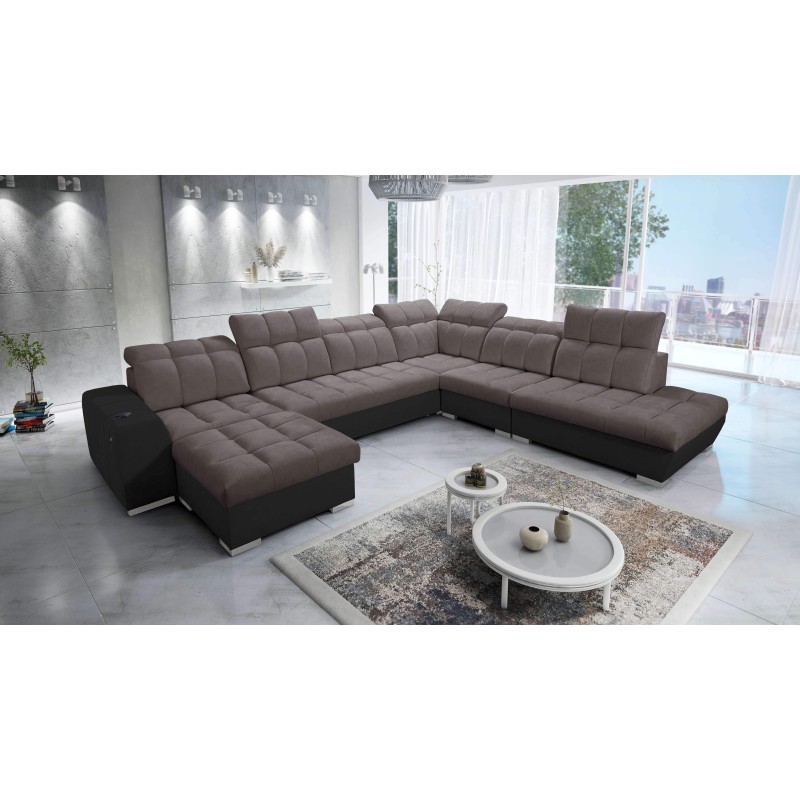 Ecksofa Prisma X mit Schlaffunktion, USB-Anschluss und Bettkasten - Samt | Haustierfreundlich, Terra 26 + Schwarzes Kunstleder