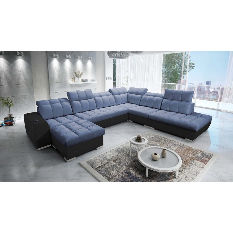 Prisma X Ecksofa mit Schlaffunktion, USB-Anschluss und Bettkasten - Samt | Haustierfreundlich, Terra 76 + Schwarzes Kunstleder