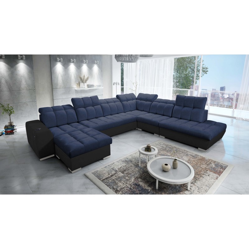 Ecksofa Prisma X mit Schlaffunktion, USB-Anschluss und Bettkasten - Samt | Haustierfreundlich, Terra 79 + Schwarzes Kunstleder