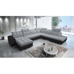 Ecksofa Prisma X mit Schlaffunktion, USB-Anschluss und Bettkasten - Samt | Haustierfreundlich, Terra 92 + Schwarzes Kunstleder