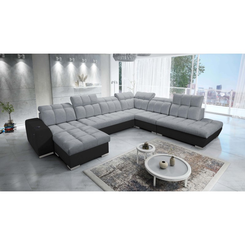 Ecksofa Prisma X mit Schlaffunktion, USB-Anschluss und Bettkasten - Samt | Haustierfreundlich, Terra 92 + Schwarzes Kunstleder