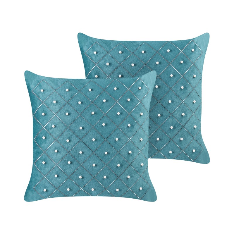 Zestaw 2 poduszek dekoracyjnych YARROW Welur 45 x 45 cm Lazurowy Wzór geometryczny