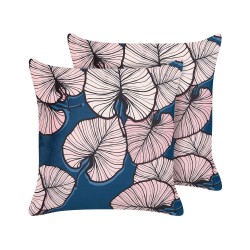 Zestaw 2 poduszek dekoracyjnych CHRYSANTHEMUM Welur 45 x 45 cm Ciemnoniebieski Wzór roślinny Zestaw 2 poduszek dekoracyjnych CHRYSANTHEMUM Welur 45 x 45 cm Ciemnoniebieski Wzór roślinny