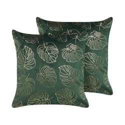 Zestaw 2 poduszek dekoracyjnych DELICIOSA Welur 45 x 45 cm Ciemnozielony Wzór roślinny Zestaw 2 poduszek dekoracyjnych DELICIOSA Welur 45 x 45 cm Ciemnozielony Wzór roślinny