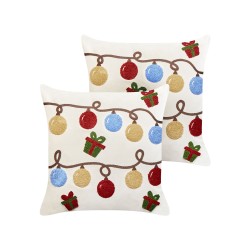 Zestaw 2 poduszek dekoracyjnych PALMIER Welur 45 x 45 cm Złamana biel Wzór świąteczny Zestaw 2 poduszek dekoracyjnych PALMIER Welur 45 x 45 cm Złamana biel Wzór świąteczny