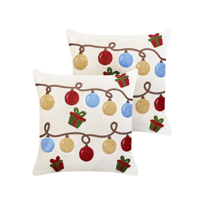 Zestaw 2 poduszek dekoracyjnych PALMIER Welur 45 x 45 cm Złamana biel Wzór świąteczny Zestaw 2 poduszek dekoracyjnych PALMIER Welur 45 x 45 cm Złamana biel Wzór świąteczny
