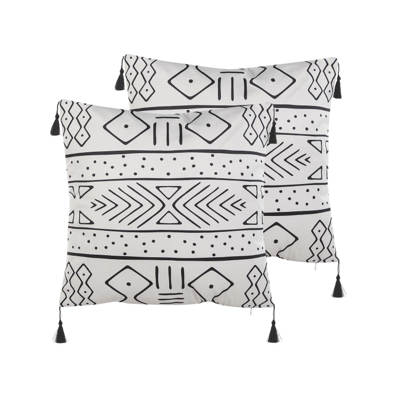 Zestaw 2 poduszek dekoracyjnych SCHEFFLERA Welur 45 x 45 cm Biały Wzór geometryczny Zestaw 2 poduszek dekoracyjnych SCHEFFLERA Welur 45 x 45 cm Biały Wzór geometryczny