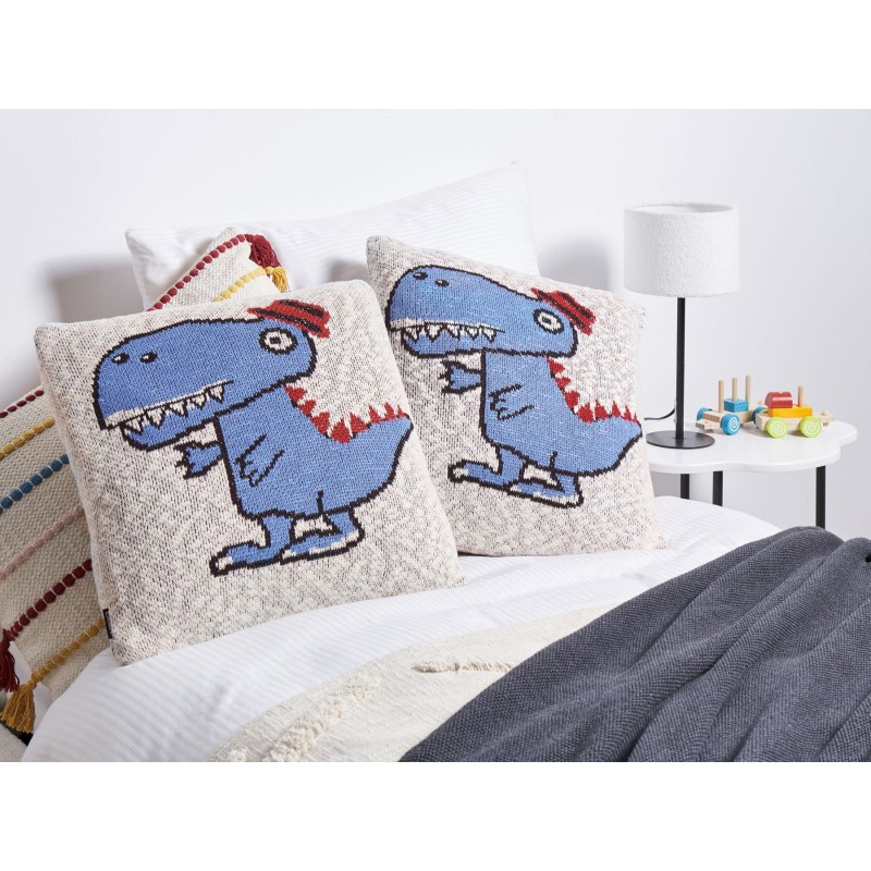 2 bawełniane poduszki dla dzieci z motywem dinozaura 45 x 45 cm beżowo-niebieskie GAMBIR 2 bawełniane poduszki dla dzieci z motywem dinozaura 45 x 45 cm beżowo-niebieskie GAMBIR