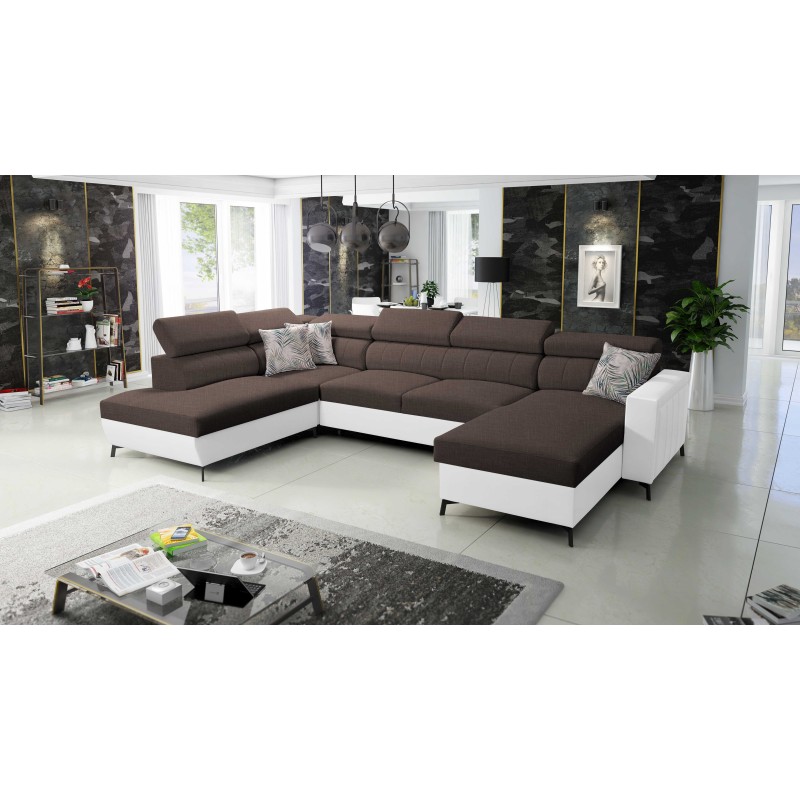 Elegant U-shaped Corner Sofa Arco VI with Sleeping Function - Woven Fabric, Sawana 26 + Eco-leather