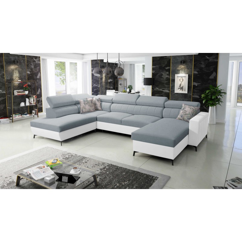 Elegant U-shaped Arco VI Corner Sofa with Sleeping Function - Woven Fabric, Sawana 72 + Eco-leather