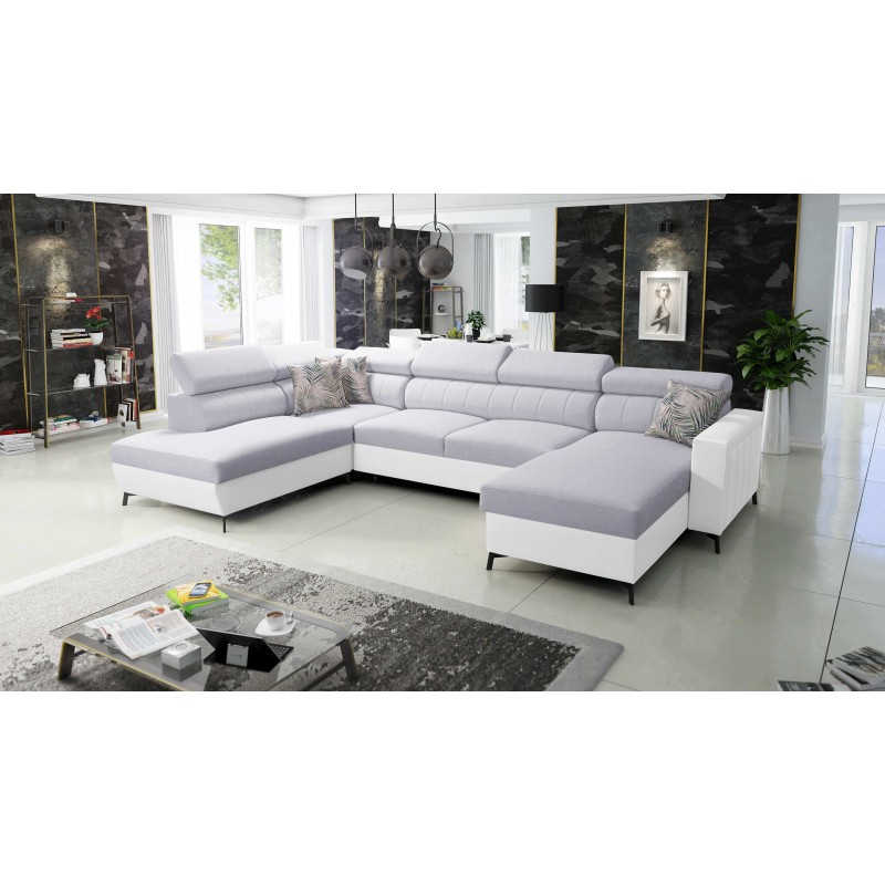 Sofá Esquinero Elegante en Forma de U Arco VI con Función de Dormir - Tela Tejida, Sawana 84 + Eco-cuero
