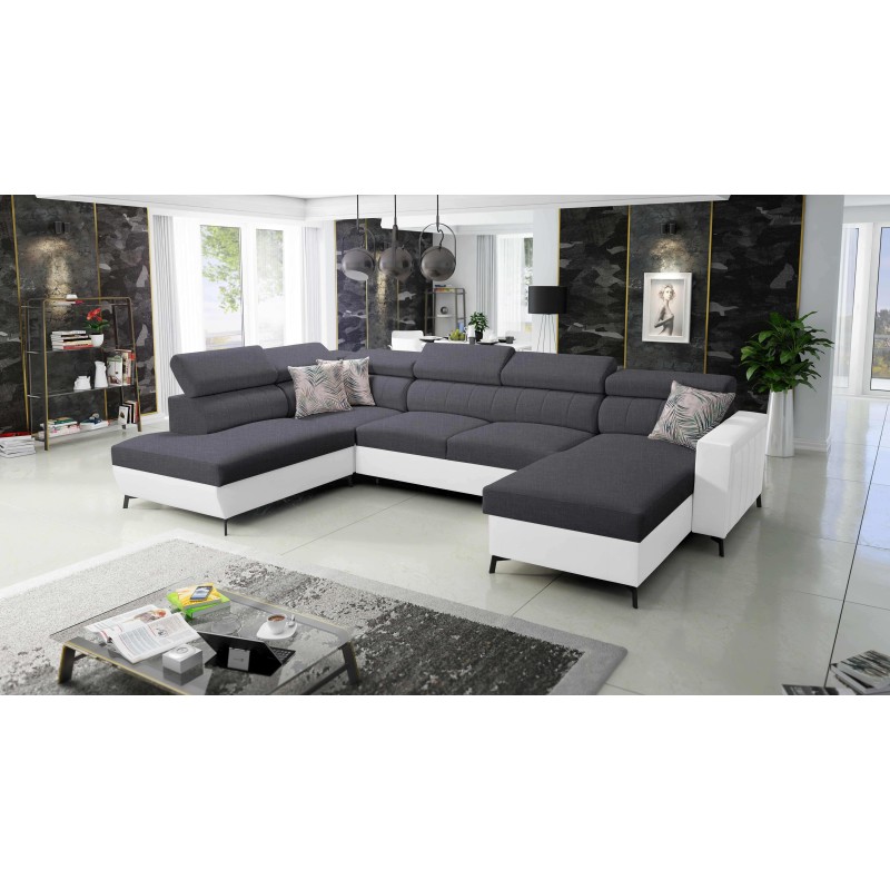 Elegant U-shaped Corner Sofa Arco VI with Sleeping Function - Woven Fabric, Sawana 96 + Eco-leather