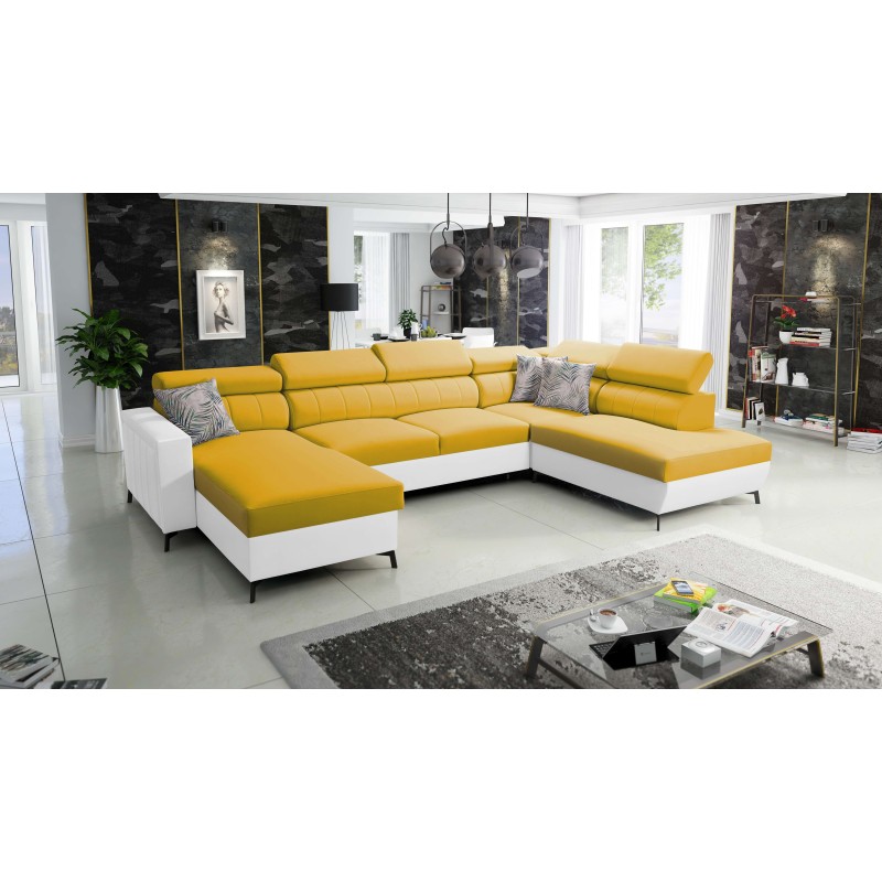 Sofá esquinero elegante en forma de U Arco VI con función para dormir - Terciopelo, Mono 236 + Eco-cuero