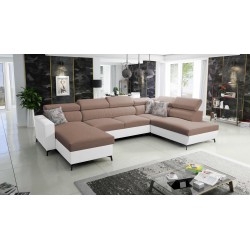 Elegantes U-förmiges Ecksofa Arco VI mit Schlaffunktion - Geflecht, Sawana 25 + Kunstleder