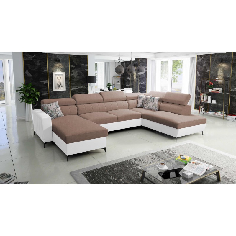 Elegante Sofá Esquinero en Forma de U Arco VI con Función de Dormir - Tejido, Sawana 25 + Eco-cuero