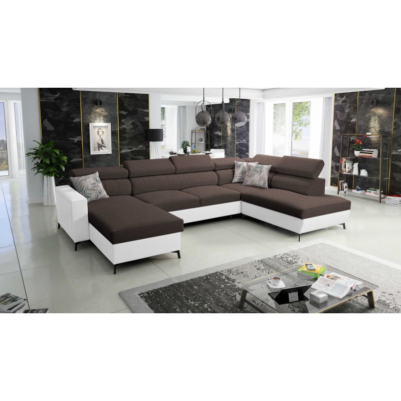 Elegant U-shaped Corner Sofa Arco VI with Sleeping Function - Woven Fabric, Sawana 26 + Eco-leather