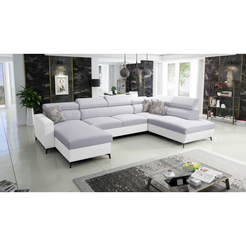 Sofá Esquinero Elegante en Forma de U Arco VI con Función de Dormir - Tela Tejida, Sawana 84 + Eco-cuero