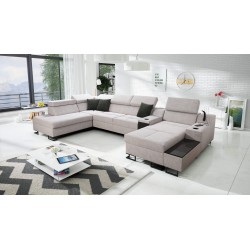 U-förmiges Sofa Avanti V mit Schlaffunktion, Lampe mit USB-Anschluss und Samtstoff, Whisper 16