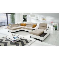 U-förmiges Sofa Avanti V mit Schlaffunktion, Lampe mit USB-Anschluss und Stoff Velours, Whisper 3 + Ökoleder