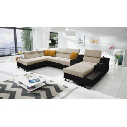 U-förmiges Ecksofa Avanti V mit Schlaffunktion, Lampe mit USB-Anschluss und Veloursstoff, Whisper 3 + schwarzes Kunstleder