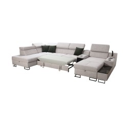 Sofá esquinero en forma de U Avanti V con función de cama, lámpara con puerto USB y tela de terciopelo, Whisper 3 + cuero ecológ Sofá esquinero en forma de U Avanti V con función de cama, lámpara con puerto USB y tela de terciopelo, Whisper 3 + cuero ecológ