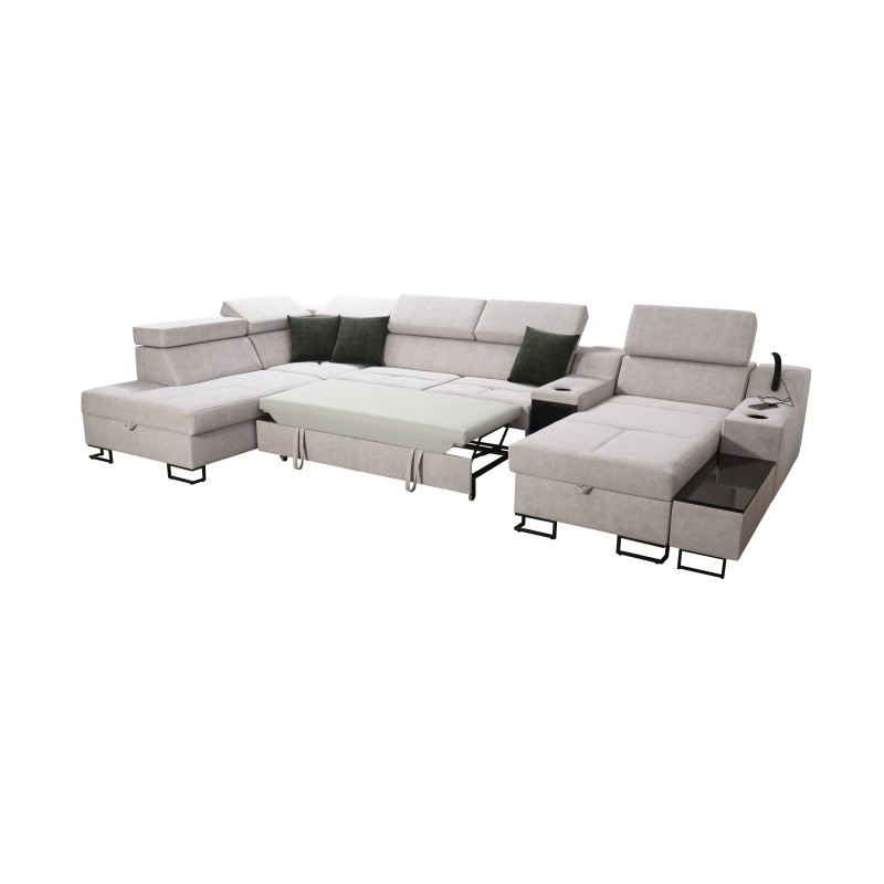Sofá esquinero en forma de U Avanti V con función de cama, lámpara con puerto USB y tela de terciopelo, Whisper 3 + cuero ecológ Sofá esquinero en forma de U Avanti V con función de cama, lámpara con puerto USB y tela de terciopelo, Whisper 3 + cuero ecológ