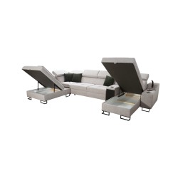 Sofá esquinero en forma de U Avanti V con función de cama, lámpara con puerto USB y tela de terciopelo, Whisper 3 + cuero ecológ Sofá esquinero en forma de U Avanti V con función de cama, lámpara con puerto USB y tela de terciopelo, Whisper 3 + cuero ecológ
