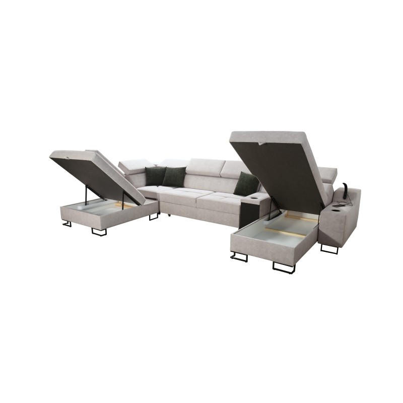 Sofá esquinero en forma de U Avanti V con función de cama, lámpara con puerto USB y tela de terciopelo, Whisper 3 + cuero ecológ Sofá esquinero en forma de U Avanti V con función de cama, lámpara con puerto USB y tela de terciopelo, Whisper 3 + cuero ecológ
