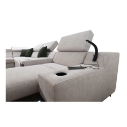 Sofá esquinero en forma de U Avanti V con función de cama, lámpara con puerto USB y tela de terciopelo, Whisper 3 + cuero ecológ Sofá esquinero en forma de U Avanti V con función de cama, lámpara con puerto USB y tela de terciopelo, Whisper 3 + cuero ecológ