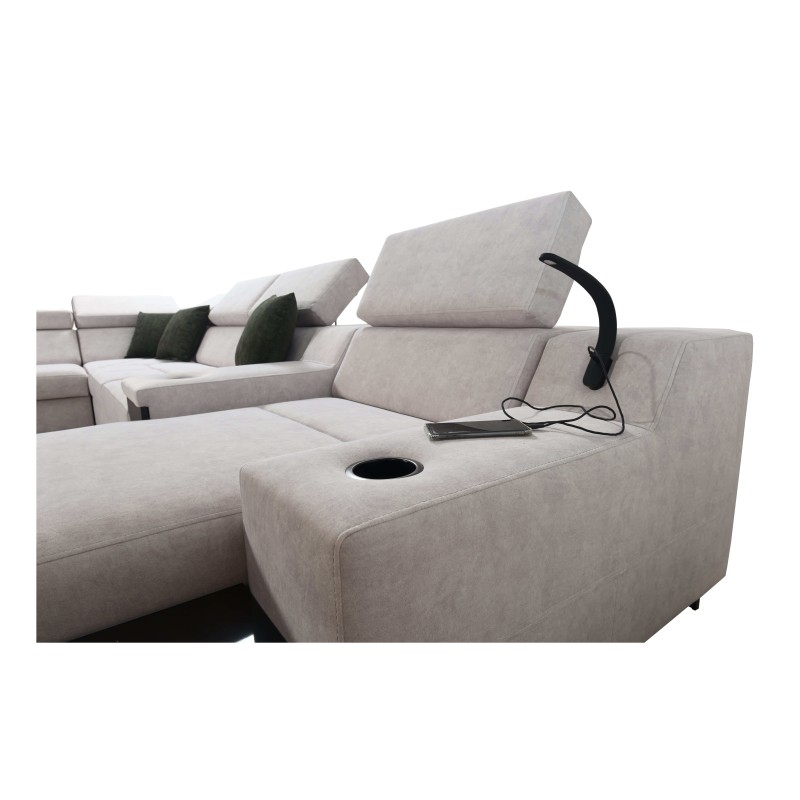 Sofá esquinero en forma de U Avanti V con función de cama, lámpara con puerto USB y tela de terciopelo, Whisper 3 + cuero ecológ Sofá esquinero en forma de U Avanti V con función de cama, lámpara con puerto USB y tela de terciopelo, Whisper 3 + cuero ecológ