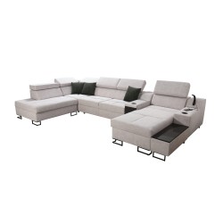 Sofá esquinero en forma de U Avanti V con función de cama, lámpara con puerto USB y tela de terciopelo, Whisper 3 + cuero ecológ Sofá esquinero en forma de U Avanti V con función de cama, lámpara con puerto USB y tela de terciopelo, Whisper 3 + cuero ecológ