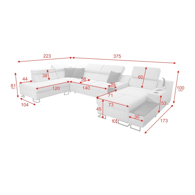 Sofá esquinero en forma de U Avanti V con función de cama, lámpara con puerto USB y tela de terciopelo, Whisper 3 + cuero ecológ Sofá esquinero en forma de U Avanti V con función de cama, lámpara con puerto USB y tela de terciopelo, Whisper 3 + cuero ecológ