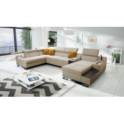 U-förmiges Ecksofa Avanti V mit Schlaffunktion, Lampe mit USB-Anschluss und Veloursstoff, Whisper 3