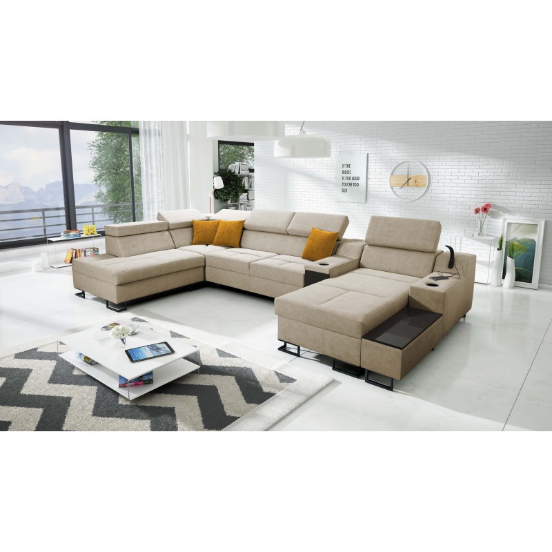 U-förmiges Ecksofa Avanti V mit Schlaffunktion, Lampe mit USB-Anschluss und Veloursstoff, Whisper 3
