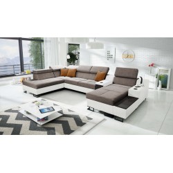 U-förmiges Sofa Avanti V mit Schlaffunktion, Lampe mit USB-Anschluss und Veloursstoff, Whisper 5 + Kunstleder