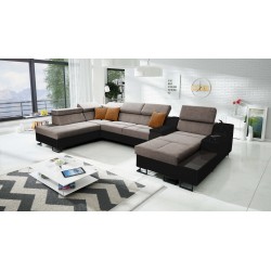U-förmiges Ecksofa Avanti V mit Schlaffunktion, Lampe mit USB-Anschluss und Veloursstoff, Whisper 5 + schwarzes Kunstleder