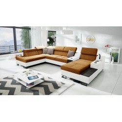 U-förmiges Ecksofa Avanti V mit Schlaffunktion, Lampe mit USB-Anschluss und Samtstoff, Whisper 9 + Kunstleder