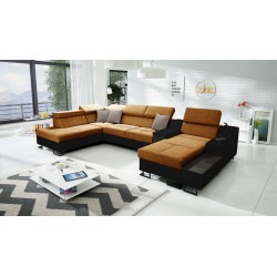 U-förmiges Sofa Avanti V mit Schlaffunktion, Lampe mit USB-Anschluss und Veloursstoff, Whisper 9 + schwarzes Kunstleder