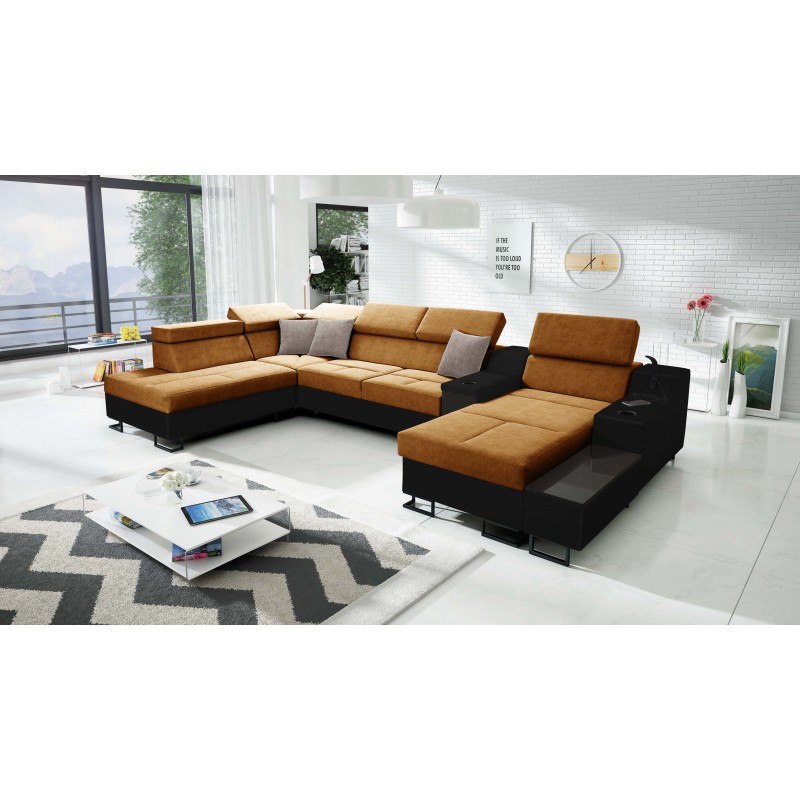 U-förmiges Sofa Avanti V mit Schlaffunktion, Lampe mit USB-Anschluss und Veloursstoff, Whisper 9 + schwarzes Kunstleder