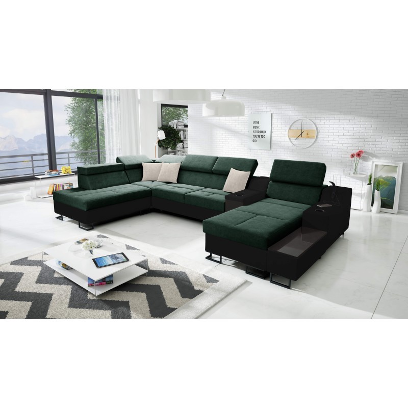 U-förmiges Ecksofa Avanti V mit Schlaffunktion, Lampe mit USB-Anschluss und Samtstoff, Whisper 11 + schwarzes Kunstleder