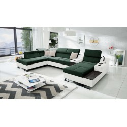 U-förmiges Ecksofa Avanti V mit Schlaffunktion, Lampe mit USB-Anschluss und Veloursstoff, Whisper 11 + Kunstleder