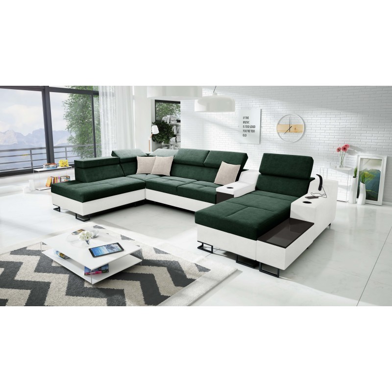 Sofá esquinero en forma de U Avanti V con función de cama, lámpara con puerto USB y tela de terciopelo, Whisper 11 + Ecopiel.