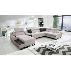 U-förmiges Sofa Avanti V mit Schlaffunktion, Lampe mit USB-Anschluss und Samtstoff, Whisper 16