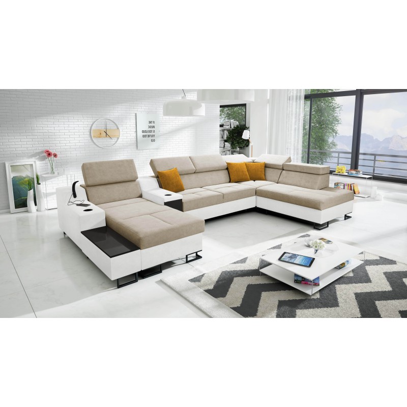 U-shaped Avanti V sectional sofa with a sleeping function, USB port lamp, and Velvet fabric, Whisper 3 + Eco-leather