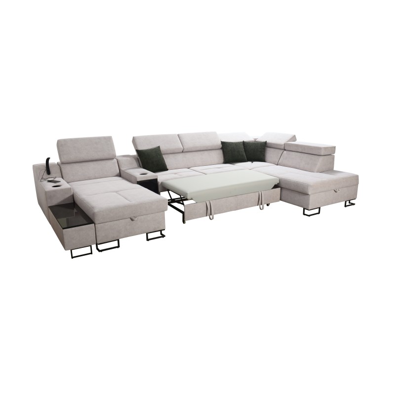 Sofá esquinero en forma de U Avanti V con función de cama, lámpara con puerto USB y tela de terciopelo, Whisper 3 + cuero ecológ Sofá esquinero en forma de U Avanti V con función de cama, lámpara con puerto USB y tela de terciopelo, Whisper 3 + cuero ecológ