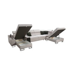 Sofá esquinero en forma de U Avanti V con función de cama, lámpara con puerto USB y tela de terciopelo, Whisper 3 + cuero ecológ Sofá esquinero en forma de U Avanti V con función de cama, lámpara con puerto USB y tela de terciopelo, Whisper 3 + cuero ecológ