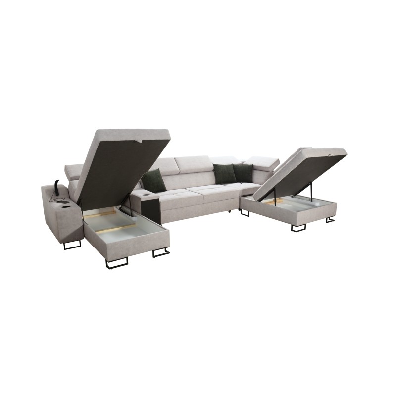 Sofá esquinero en forma de U Avanti V con función de cama, lámpara con puerto USB y tela de terciopelo, Whisper 3 + cuero ecológ Sofá esquinero en forma de U Avanti V con función de cama, lámpara con puerto USB y tela de terciopelo, Whisper 3 + cuero ecológ