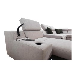 Sofá esquinero en forma de U Avanti V con función de cama, lámpara con puerto USB y tela de terciopelo, Whisper 3 + cuero ecológ Sofá esquinero en forma de U Avanti V con función de cama, lámpara con puerto USB y tela de terciopelo, Whisper 3 + cuero ecológ
