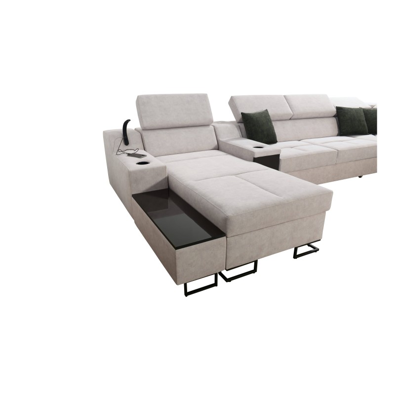 Sofá esquinero en forma de U Avanti V con función de cama, lámpara con puerto USB y tela de terciopelo, Whisper 3 + cuero ecológ Sofá esquinero en forma de U Avanti V con función de cama, lámpara con puerto USB y tela de terciopelo, Whisper 3 + cuero ecológ