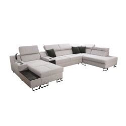 Sofá esquinero en forma de U Avanti V con función de cama, lámpara con puerto USB y tela de terciopelo, Whisper 3 + cuero ecológ Sofá esquinero en forma de U Avanti V con función de cama, lámpara con puerto USB y tela de terciopelo, Whisper 3 + cuero ecológ